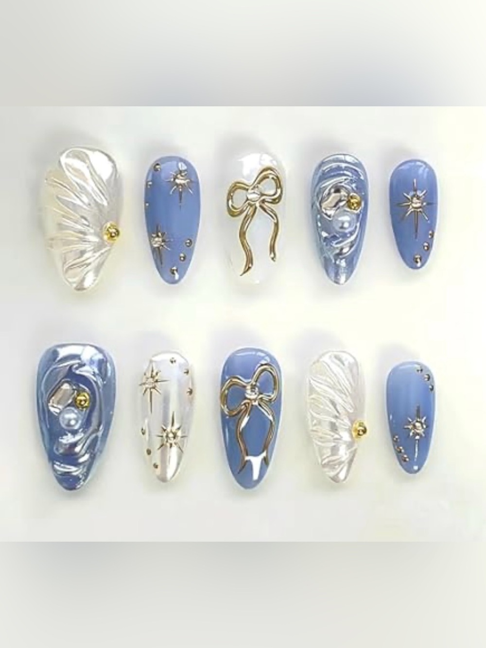 3H Nails- 3D Bow & Star Blue & Pearl Press-On Nails with Gold Accents-NIB